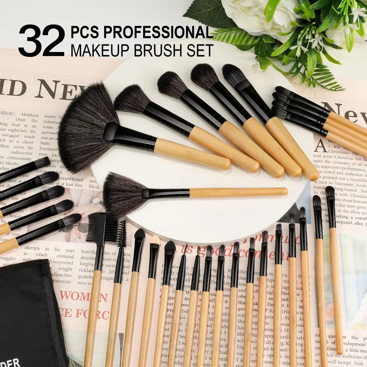 Handle Color: Black, Ships From: CHINA - Kaizm 32pcs Natural Hair Makeup Brushes Set Cosmetic Foundation Powder Eyeshadow Eyebrow Premium Wooden Make Up Brush Tools Kits