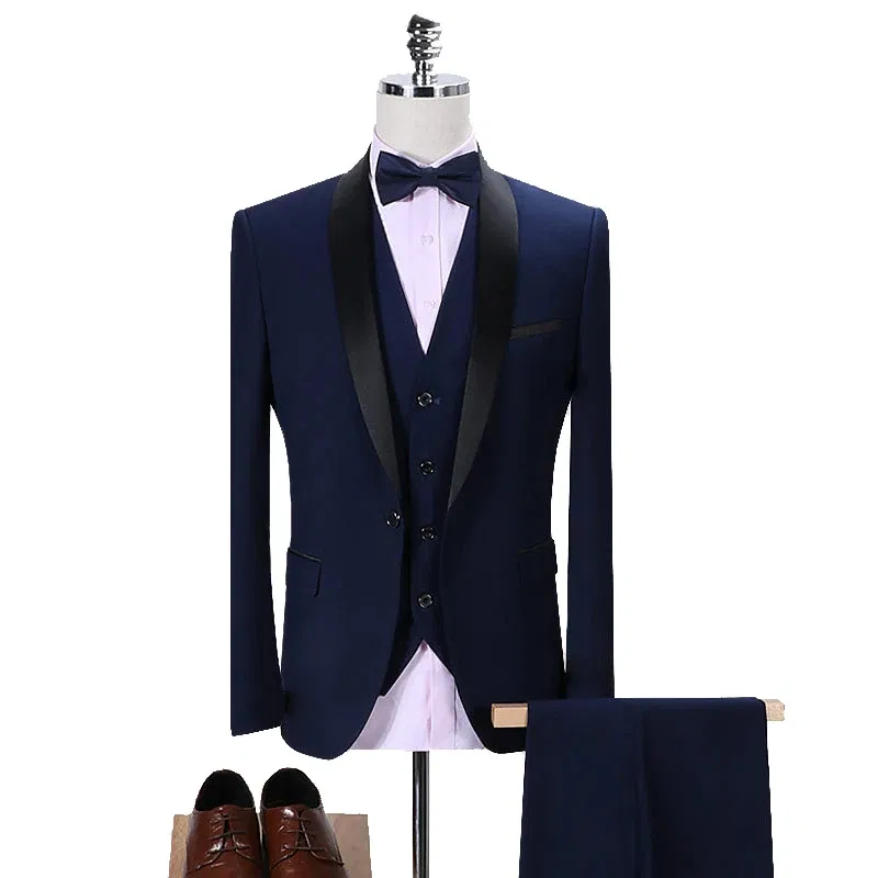 Color: Blue, Size: M - Shenrun Men Tuxedo Slim Fit Fashion Suit Wedding Shawl Lapel 3 Pieces Skinny Single Breasted Jacket Party Prom Singer Costume