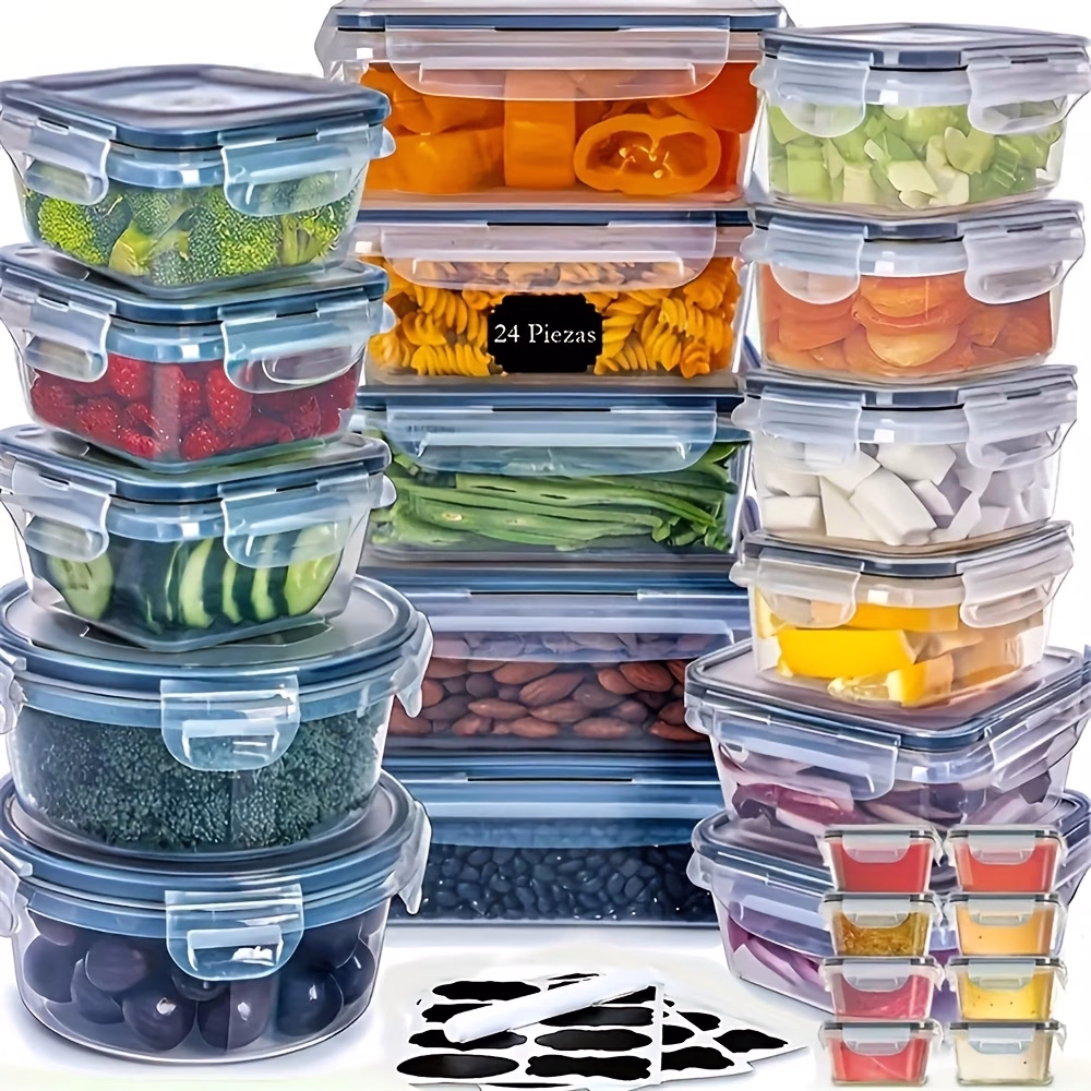 24pcs Microwave & Freezer Safe Plastic Food Storage Containers Set – Shatterproof, Leakproof, Stackable Lunch Box System with Snap-Lock Lids, Labels & Marker, Clear Meal Prep Containers for Fridge, Pantry, Office