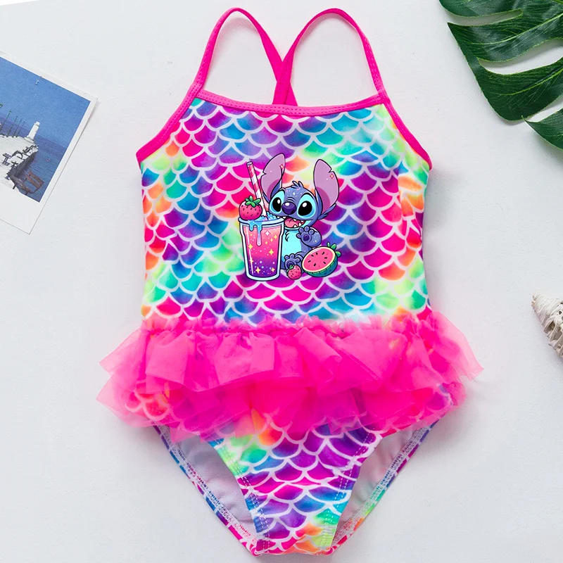Color: Brown, Kid Size: 12M - Lilo Stitch Girl Swimsuit Summer One-Piece Swimwear Beachwear Pool Mermaid Fish Scale Print Bikini Bathing Outfit Swimming Wear
