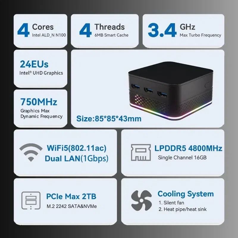 Color: PURPLE, Ships From: CHINA - Top T9 Plus Quad Core Windows 11 Small Mini PC, Intel Alder Lake N100,16GB LPDDR5 ,256/512GB/1TB SSD, Dual 1000M LAN ,Three HD