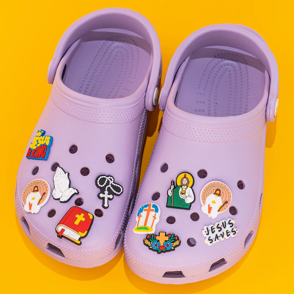 Color: Champagne - 1pcs New Shoe Charm Religion PVC Clog Charms Crucifix Blessed Virgin Mary Clog Pin Clips Jeans Garden Sandal Shoe Decoration