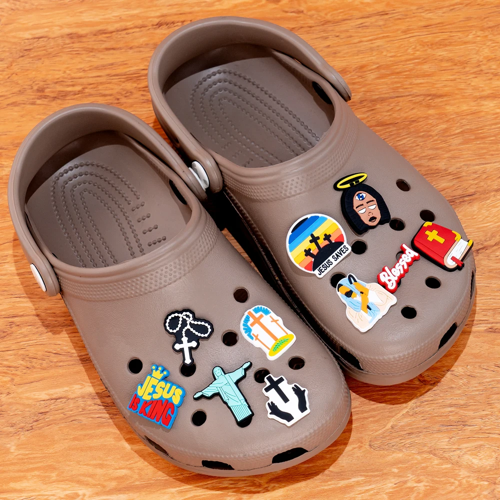 Color: Champagne - 1pcs New Shoe Charm Religion PVC Clog Charms Crucifix Blessed Virgin Mary Clog Pin Clips Jeans Garden Sandal Shoe Decoration