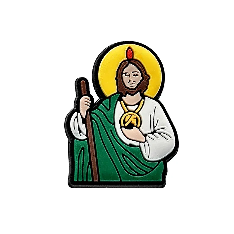 Color: Champagne - 1pcs New Shoe Charm Religion PVC Clog Charms Crucifix Blessed Virgin Mary Clog Pin Clips Jeans Garden Sandal Shoe Decoration