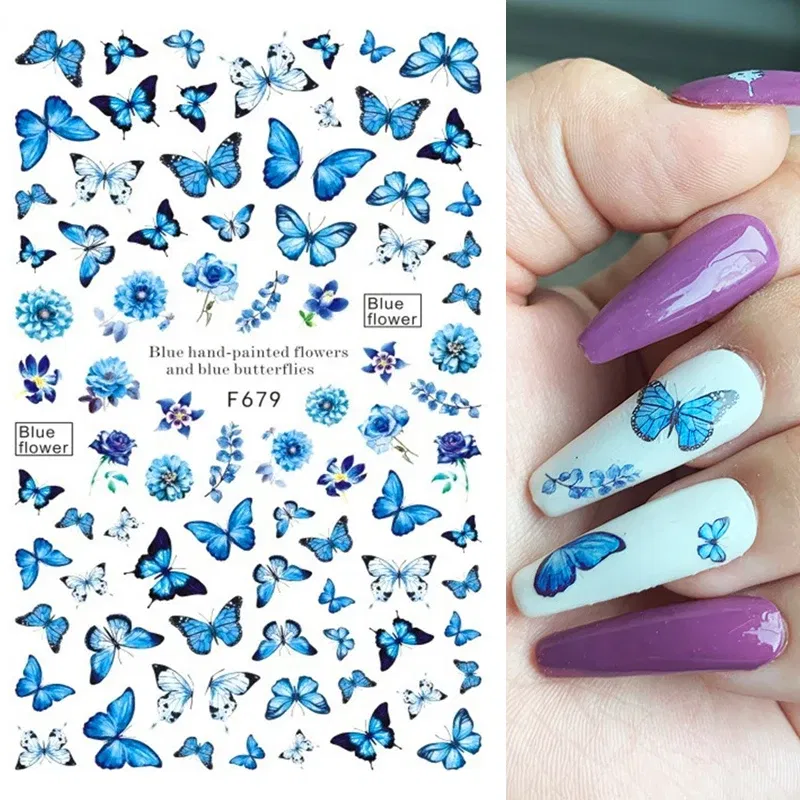 Color: Antique Brass - 3D Blue Butterfly Adhesive Stickers Nail Art Decoration Laser Flowers Leaves Nail Sticker Nail Art Supplies Nail Parts