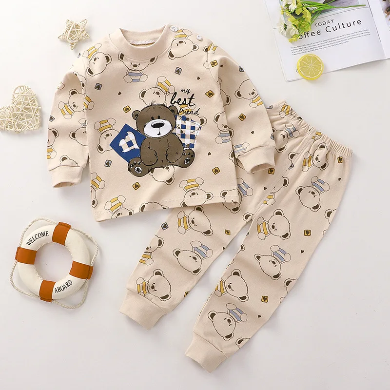 Color: Yellow, Kid Size: 18m - Cotton Boys Girls Sleepwear Suits Autumn Spring Newborn Underclothes 2pcs Kids Clothes Set Toddler Kids Pajamas
