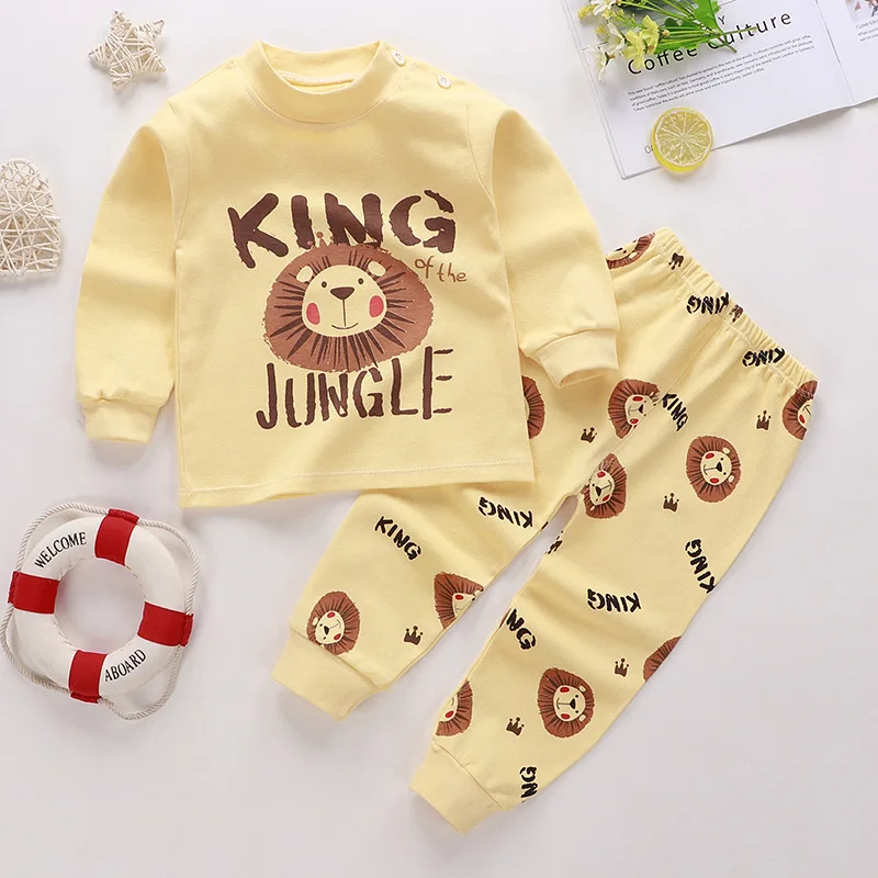 Color: Yellow, Kid Size: 18m - Cotton Boys Girls Sleepwear Suits Autumn Spring Newborn Underclothes 2pcs Kids Clothes Set Toddler Kids Pajamas