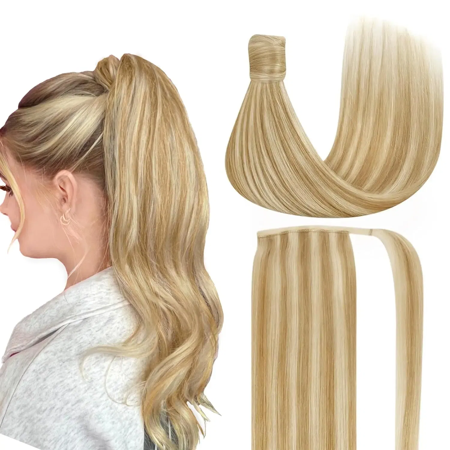 Color: #8, Life Span: 6 Months With Proper Care, Stretched Length: 20inches - VeSunny Human Hair Ponytail Light Blonde Mix Golden Blonde Real Hair Ponytail Extension Highlights Blonde Ponytail Hair 80g