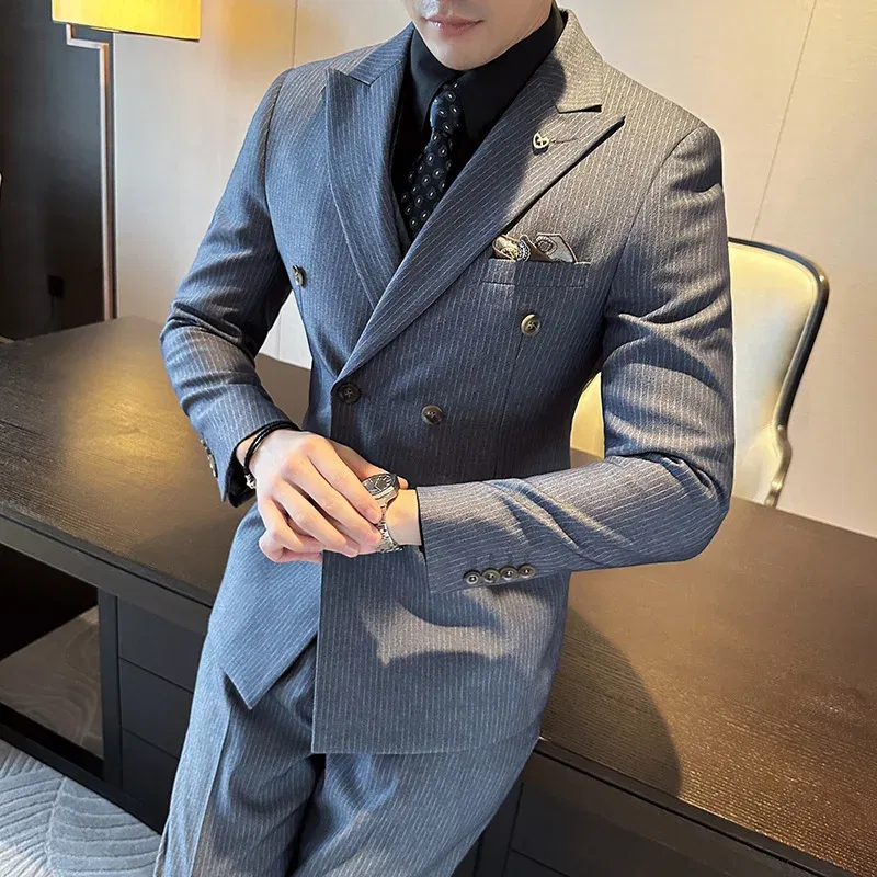 Color: SKY BLUE, Size: L - 2025 Men's Double Breasted 3/2 Piece Business Casual Wedding Dress Suit with  Trousers Regular Fit Bridegroom High Sense
