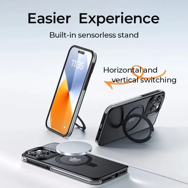 Material: PC, Color: Clear - Joyroom Magnetic Case With Holder for iPhone 15 14 13 Pro Max Case Frosted Ring Holder Phone Cover Wireless Charger Magnet Cover