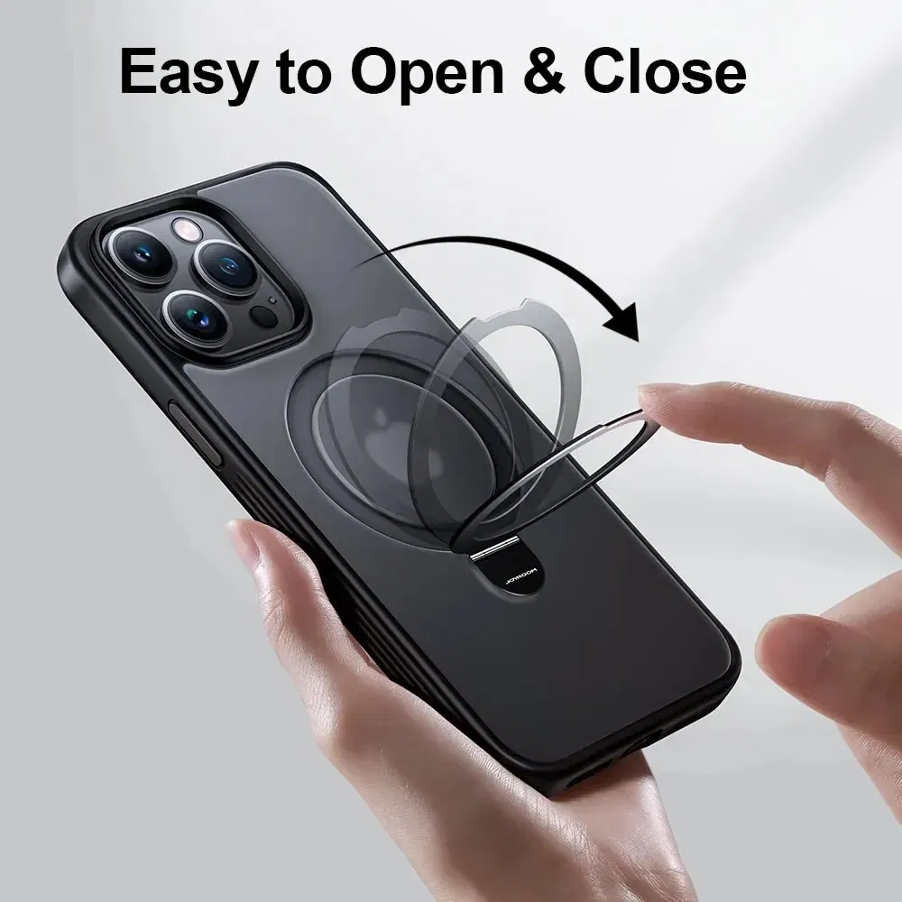 Material: PC, Color: Clear - Joyroom Magnetic Case With Holder for iPhone 15 14 13 Pro Max Case Frosted Ring Holder Phone Cover Wireless Charger Magnet Cover