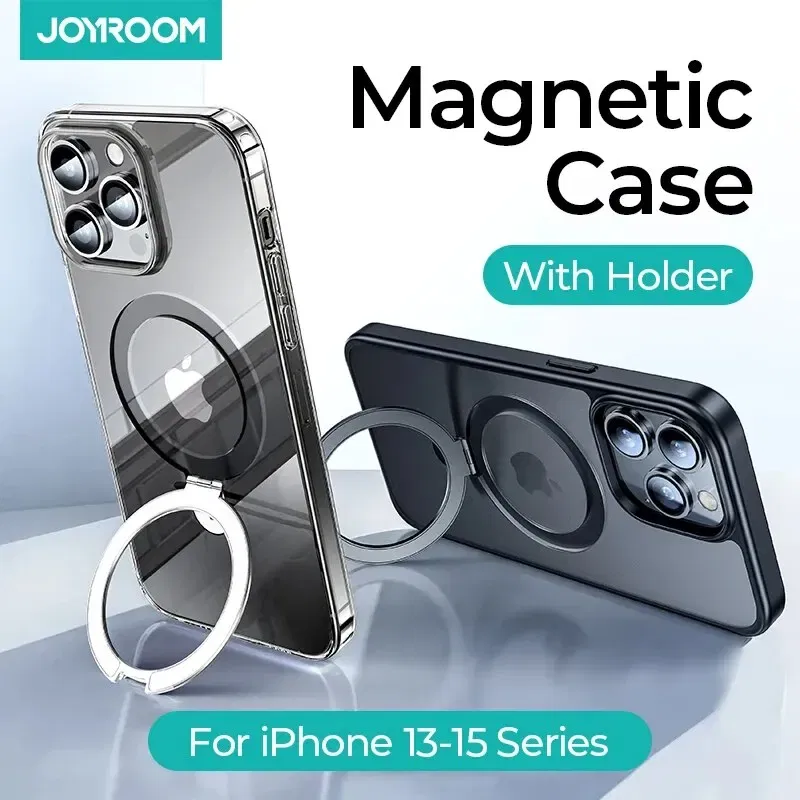 Material: PC, Color: Clear - Joyroom Magnetic Case With Holder for iPhone 15 14 13 Pro Max Case Frosted Ring Holder Phone Cover Wireless Charger Magnet Cover