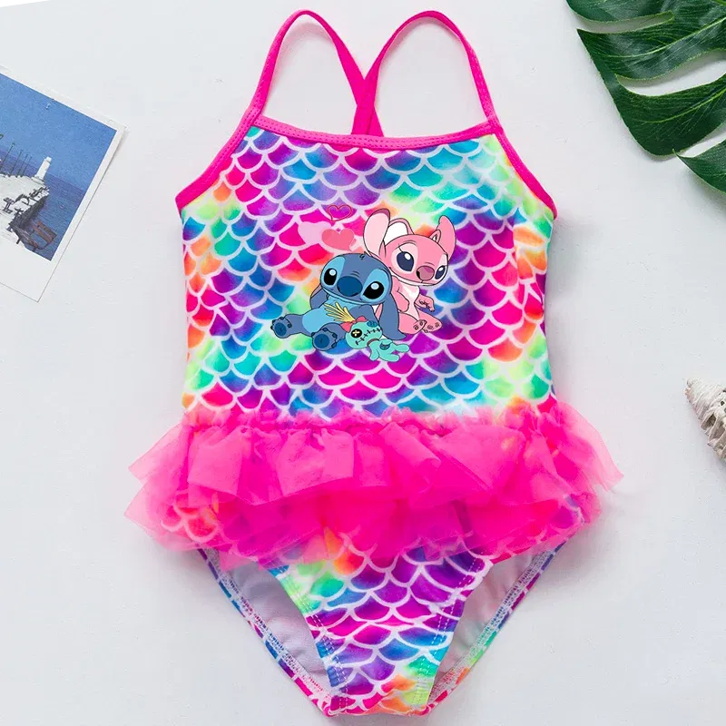 Color: Gold, Kid Size: 12M - Lilo Stitch Girl Swimsuit Summer One-Piece Swimwear Beachwear Pool Mermaid Fish Scale Print Bikini Bathing Outfit Swimming Wear