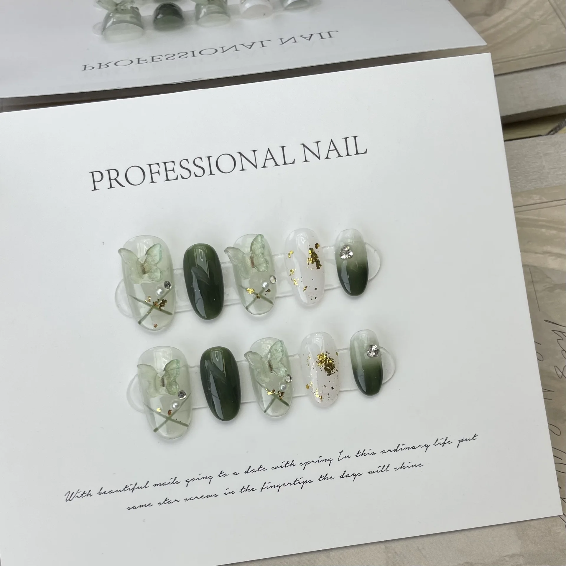 Color: Green - 10 pcs Luxury Handmade Press on Nails Middle Ellipse Lvye Elf Design False Nails with 4-PIECE Tool Adhesive Nail Glue Tabs