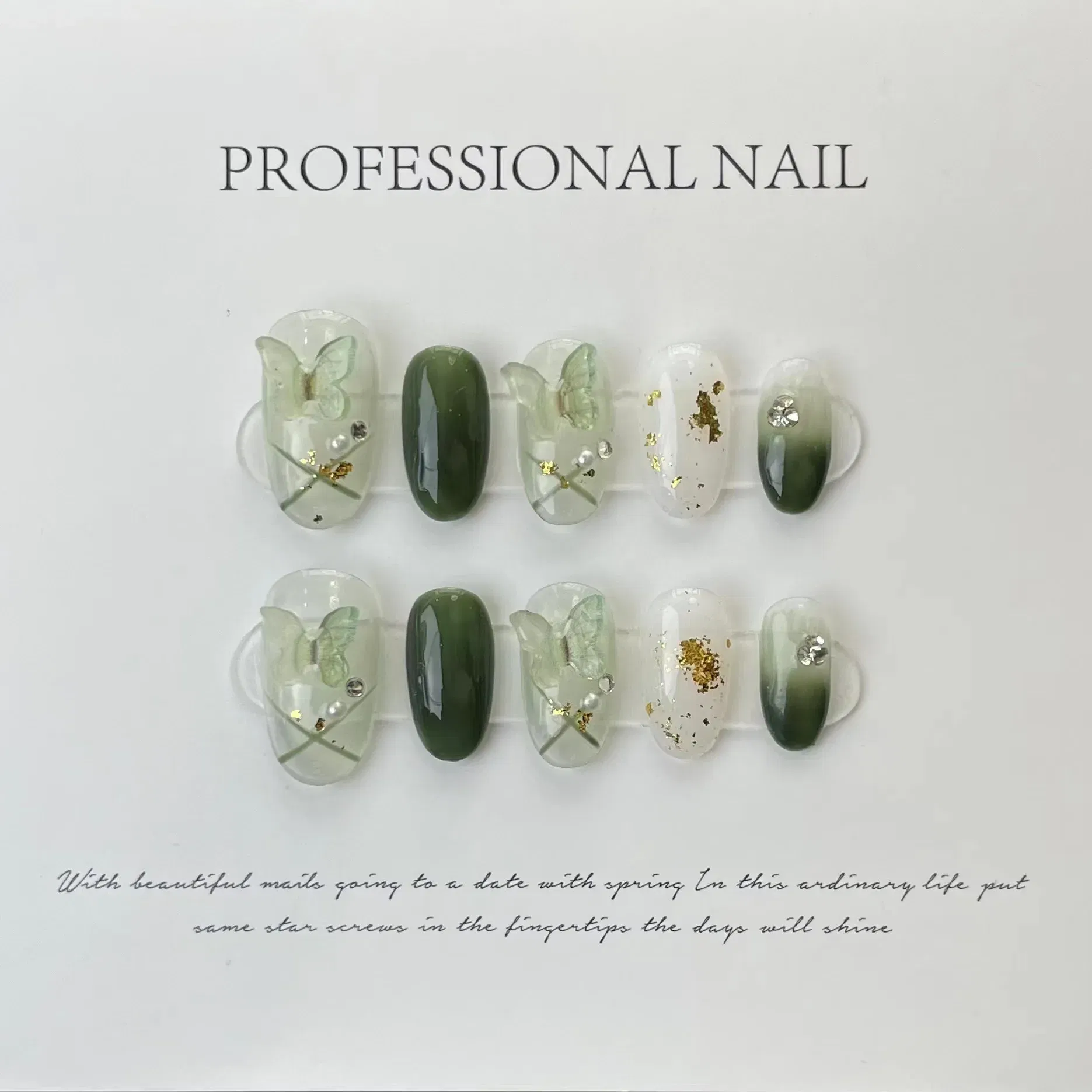 Color: Green - 10 pcs Luxury Handmade Press on Nails Middle Ellipse Lvye Elf Design False Nails with 4-PIECE Tool Adhesive Nail Glue Tabs