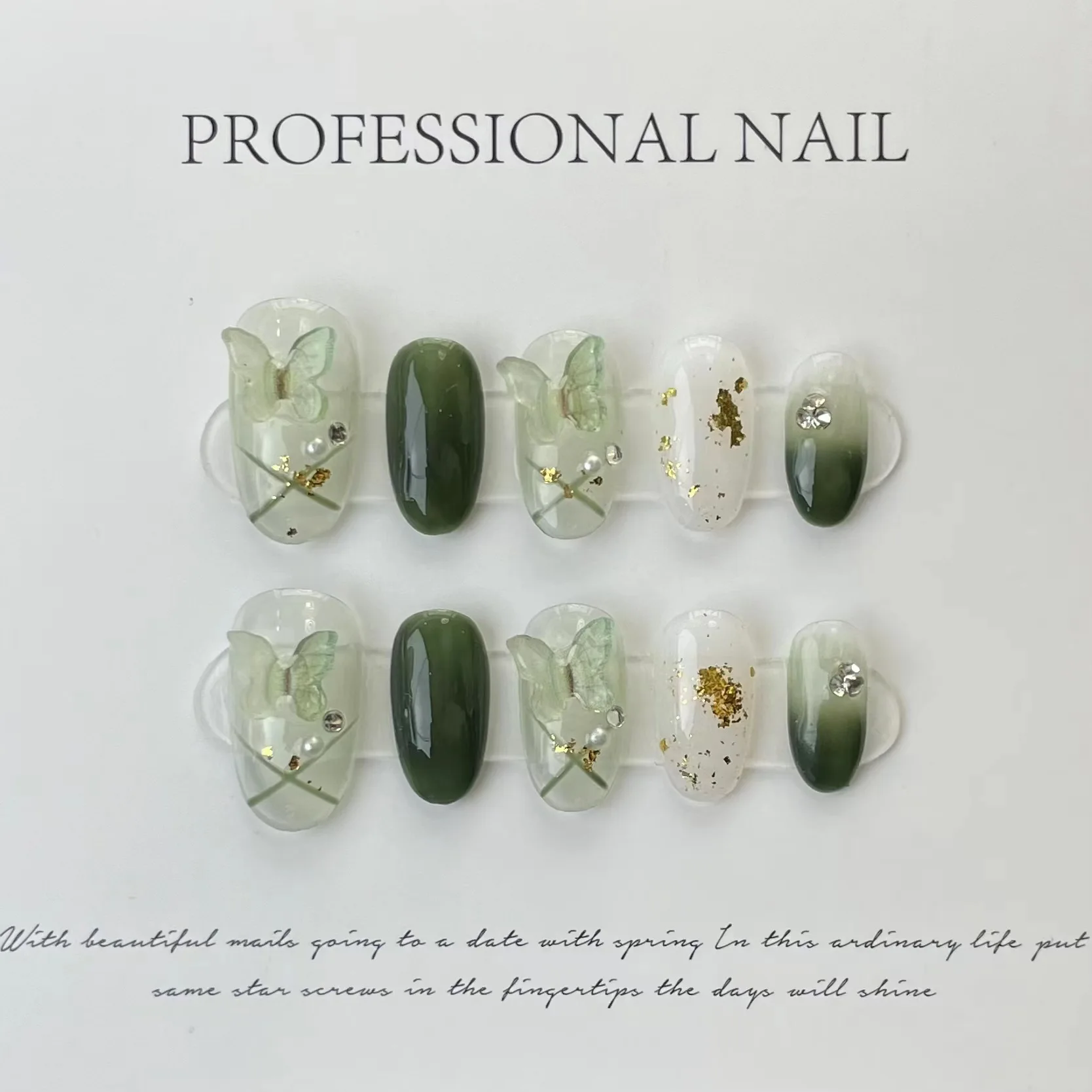 Color: Green - 10 pcs Luxury Handmade Press on Nails Middle Ellipse Lvye Elf Design False Nails with 4-PIECE Tool Adhesive Nail Glue Tabs