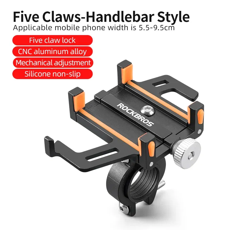 Color: Yellow - ROCKBROS Phone Holder Motorcycle Electric Bicycle Smartphone CNC Aluminum Alloy Bracket Five Claws Mechanical Bike Phone Holder