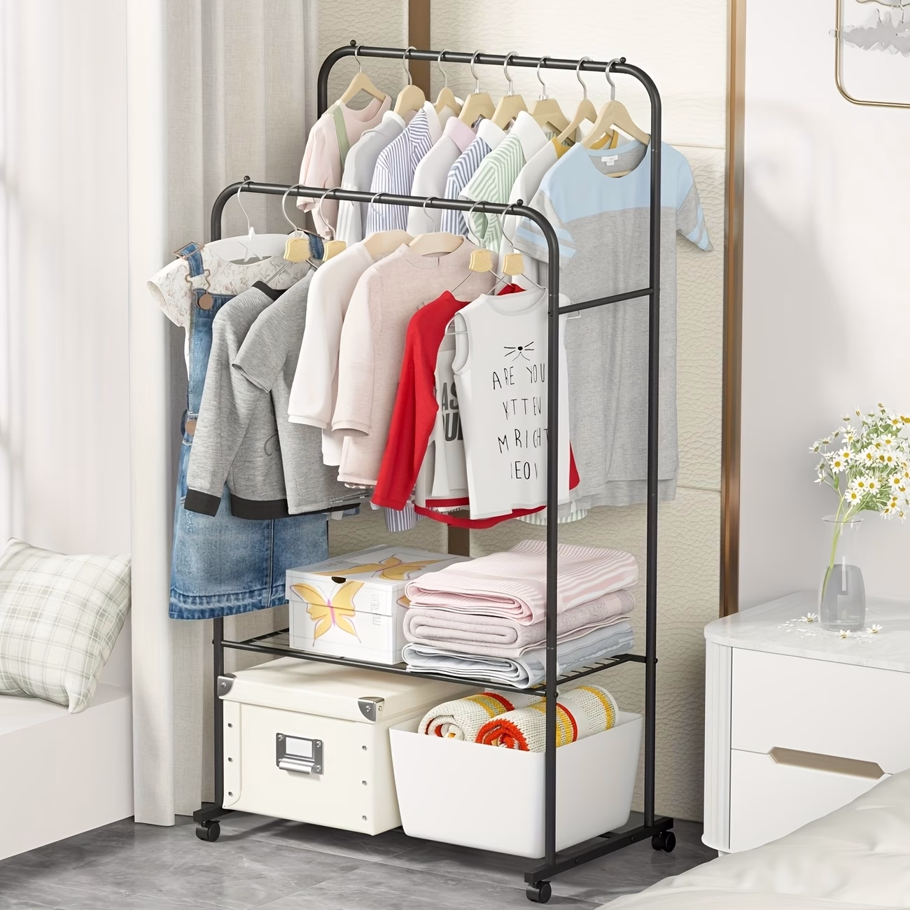 wisfor Clothing Rack on Wheels – Metal Display Stand with Dual Rails for Garments