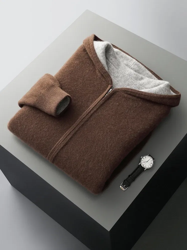 Color: Champagne, Size: XL - Reversible Men's Wool Cardigan Sweater Autumn Winter Hooded  Solid 100% Merino Wool Knitted Casual Simple Man Jackets Thick Warm