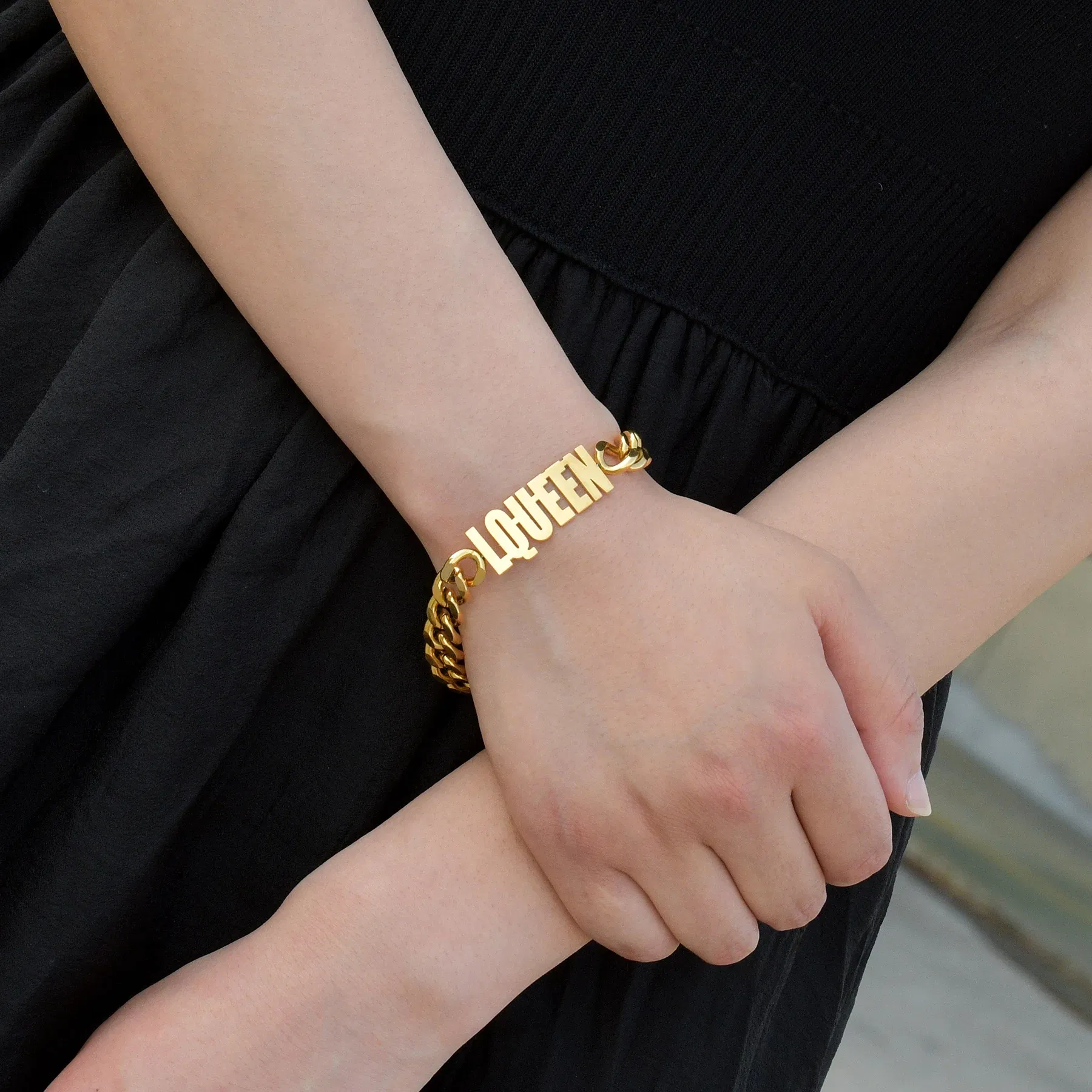 Metal Color: Dark Gold, Length: 16cm, Main Stone Color: Gold - Atoztide Personalized Custom Name Bracelet for Women Men Stainless Steel 10mm Cuban Chain Nameplate Handmade Bangle Jewelry Gift