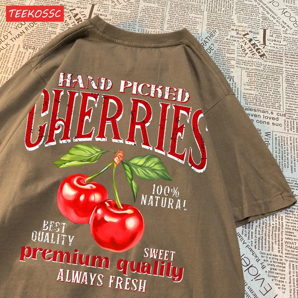 Color: Khaki, Size: L - Summer Lemon Cherries Prints T-Shirts Cotton Women's Tops Oversize O-Neck Soft Short Sleeve tees Street Casual Womans Clothes