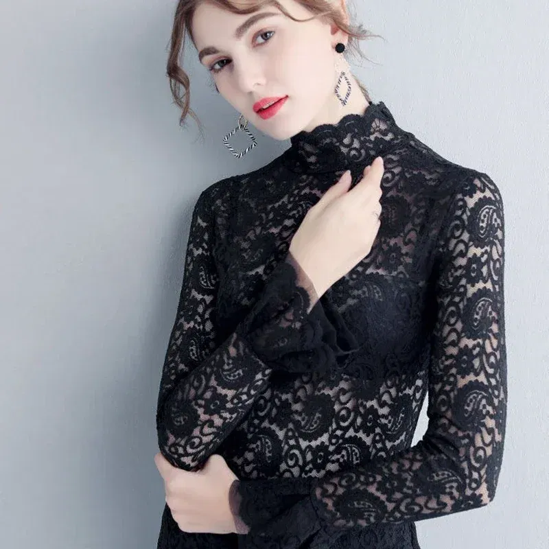 Color: black, Size: L - Sexy Transparent Long Sleeve Top Women 2025 Fashion Autumn Winter Basic Lace Blouses White Black Hollow Blusas Mujer Oversized