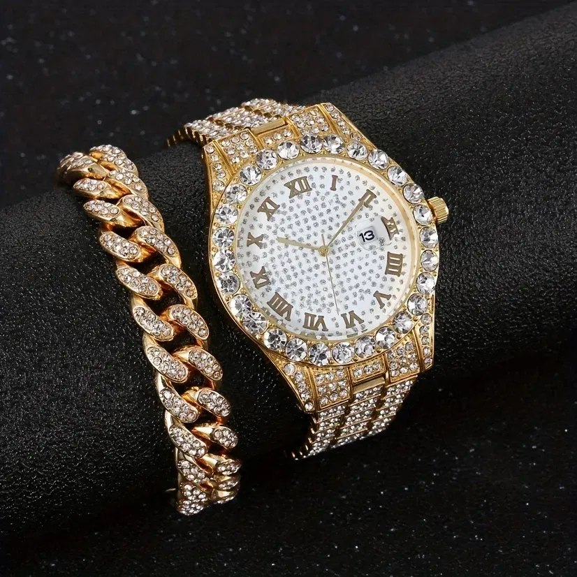 Color: Gold - Fashion Hip-hop Cuban Bracelet & Men's Steel Band Faux Diamond Watch, Fashion Men's Watch Set