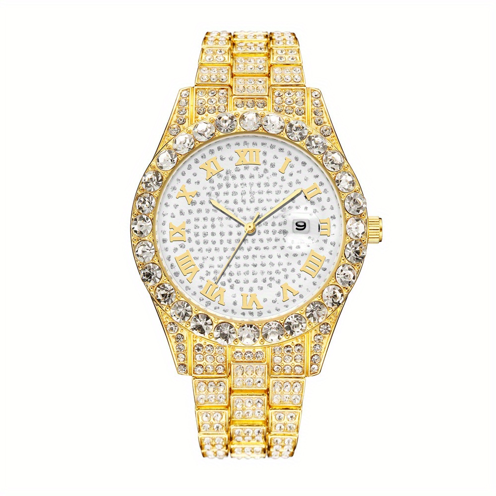 Color: Gold - Fashion Hip-hop Cuban Bracelet & Men's Steel Band Faux Diamond Watch, Fashion Men's Watch Set