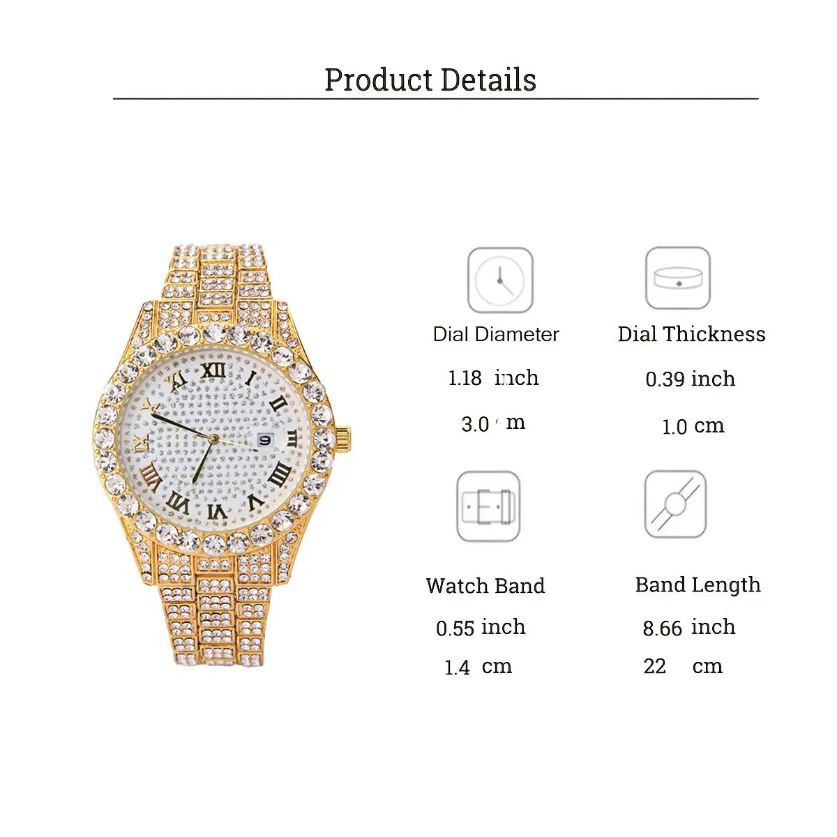 Color: Gold - Fashion Hip-hop Cuban Bracelet & Men's Steel Band Faux Diamond Watch, Fashion Men's Watch Set