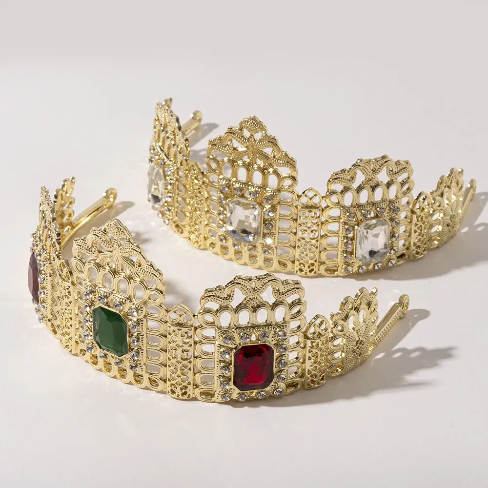 Metal color: Pure Gold Color - LUIZADA European Princess Queen Round Headdress Moroccan Bride Crystal Crown King Bride Headdress Wedding Hair Accessories