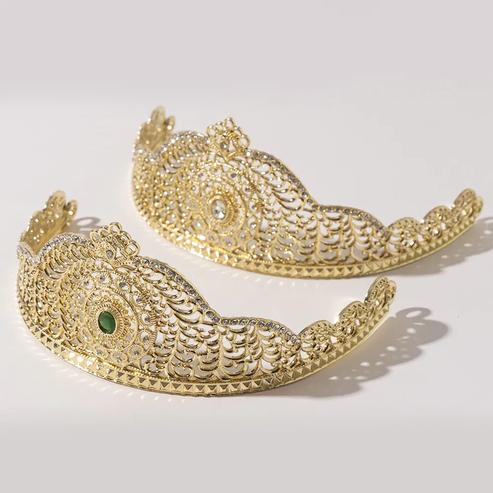 Metal color: Pure Gold Color - LUIZADA European Princess Queen Round Headdress Moroccan Bride Crystal Crown King Bride Headdress Wedding Hair Accessories