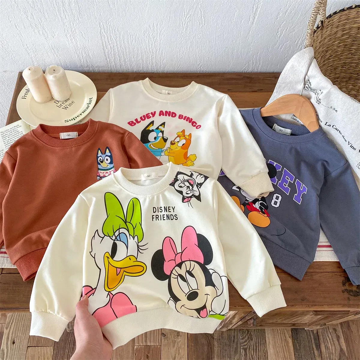Color: Beige, Kid Size: 5T - Fashion Cartoon Printed Children Hoodies Crewneck Baby Boys Girls Long Sleeve Tops Loose Disney Kids Clothing Autumn Sweatshirts