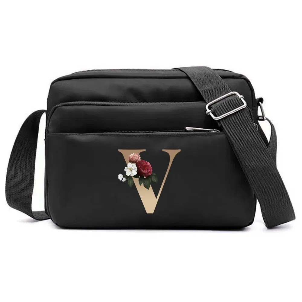 Color: Light Grey - New Fashion Multi-layer Travel Leisure Simple Storage Bag Black Gold Letter Series Printing Pattern One Shoulder Crossbody Bag