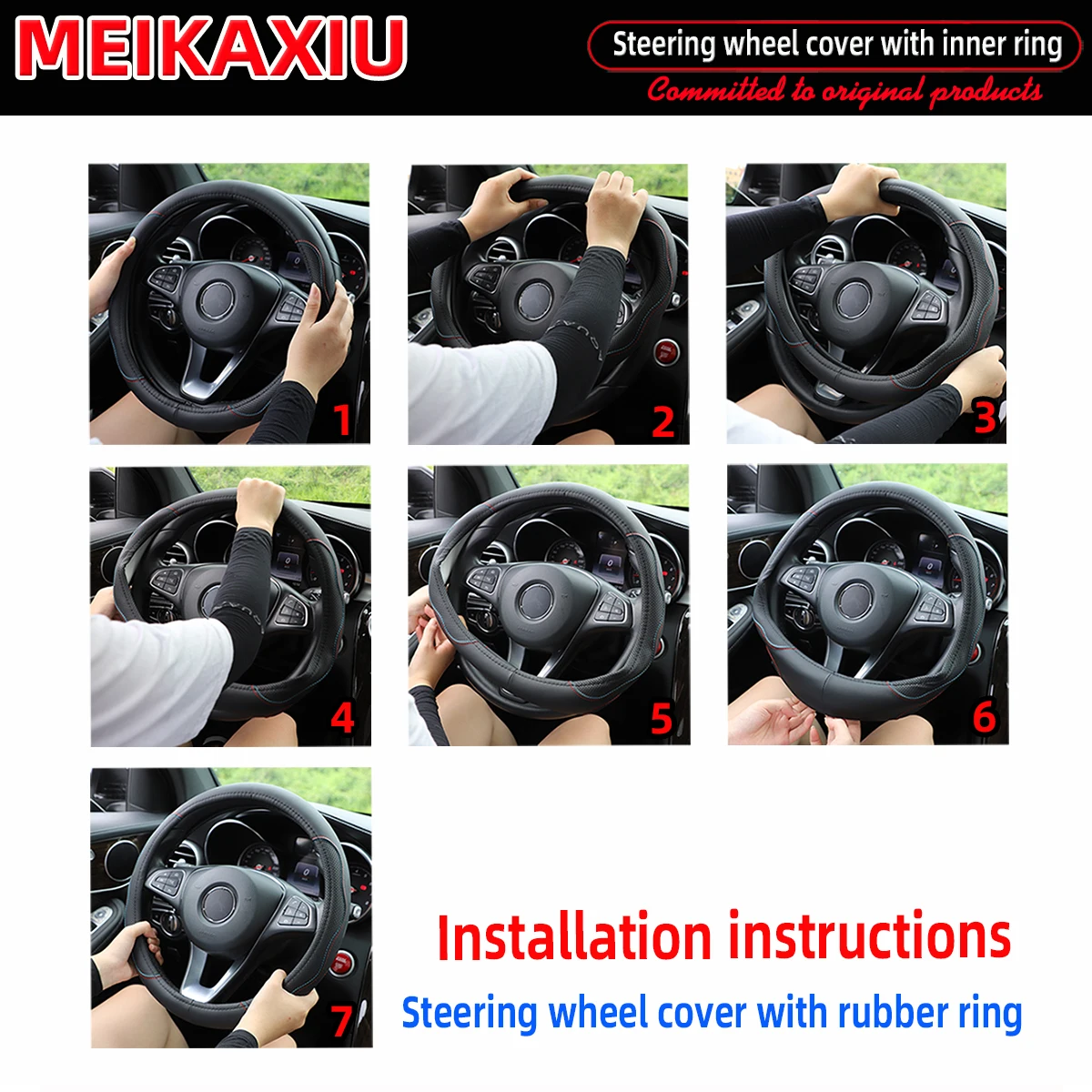 Color Name: WHITE - New PU sheepskin embroidered double-thread car has an inner ring steering wheel cover suitable for 36cm, 37cm and 38cm