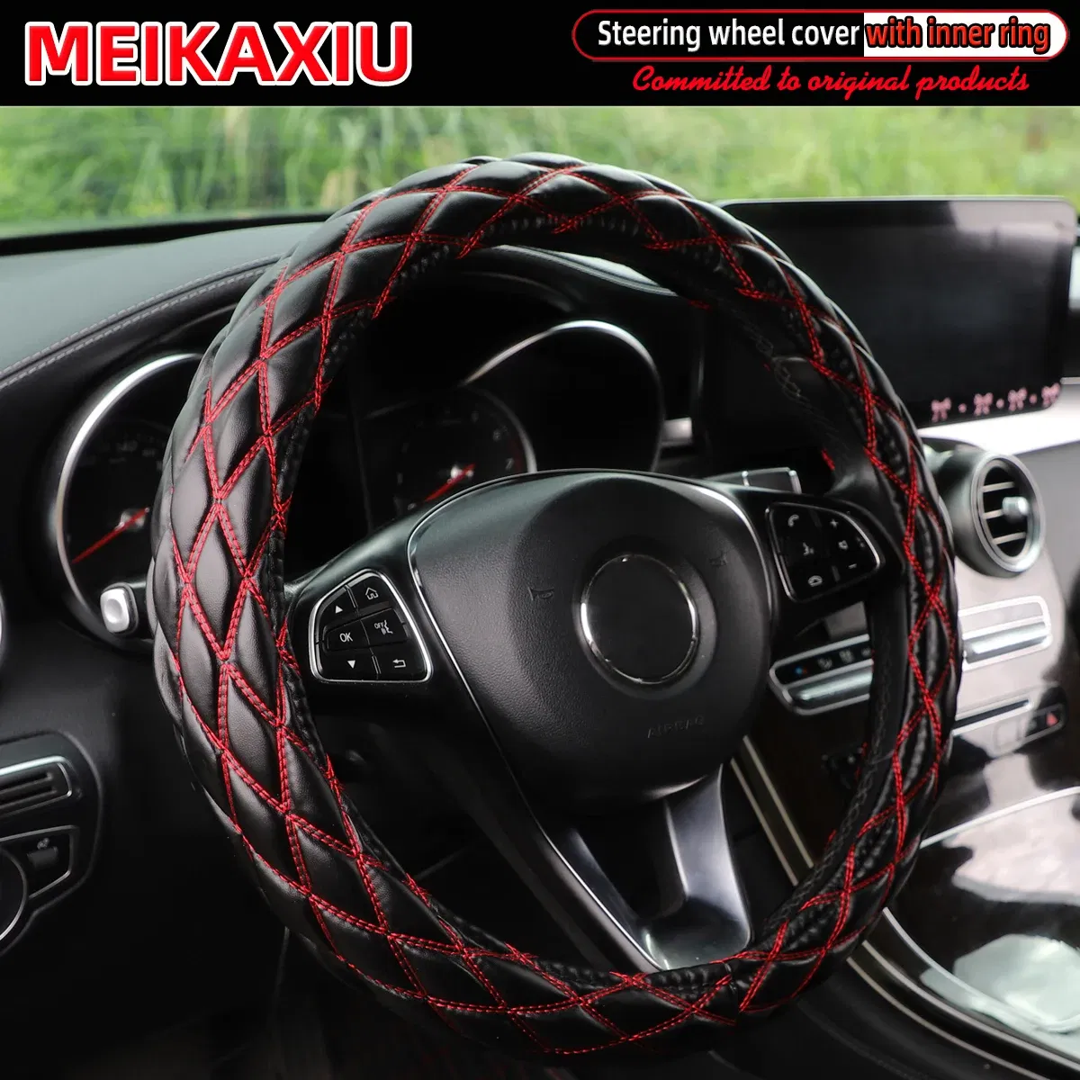 Color Name: WHITE - New PU sheepskin embroidered double-thread car has an inner ring steering wheel cover suitable for 36cm, 37cm and 38cm