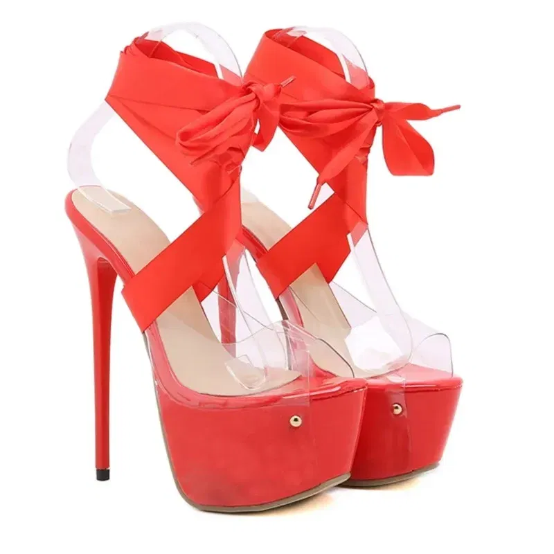 Color: Red, Shoe Size: 41 - Black Sexy Thigh High Broad Band Strap Platform Sandals Women Transparent Peep Toe Club/Party Stripper 16CM Stiletto Shoes