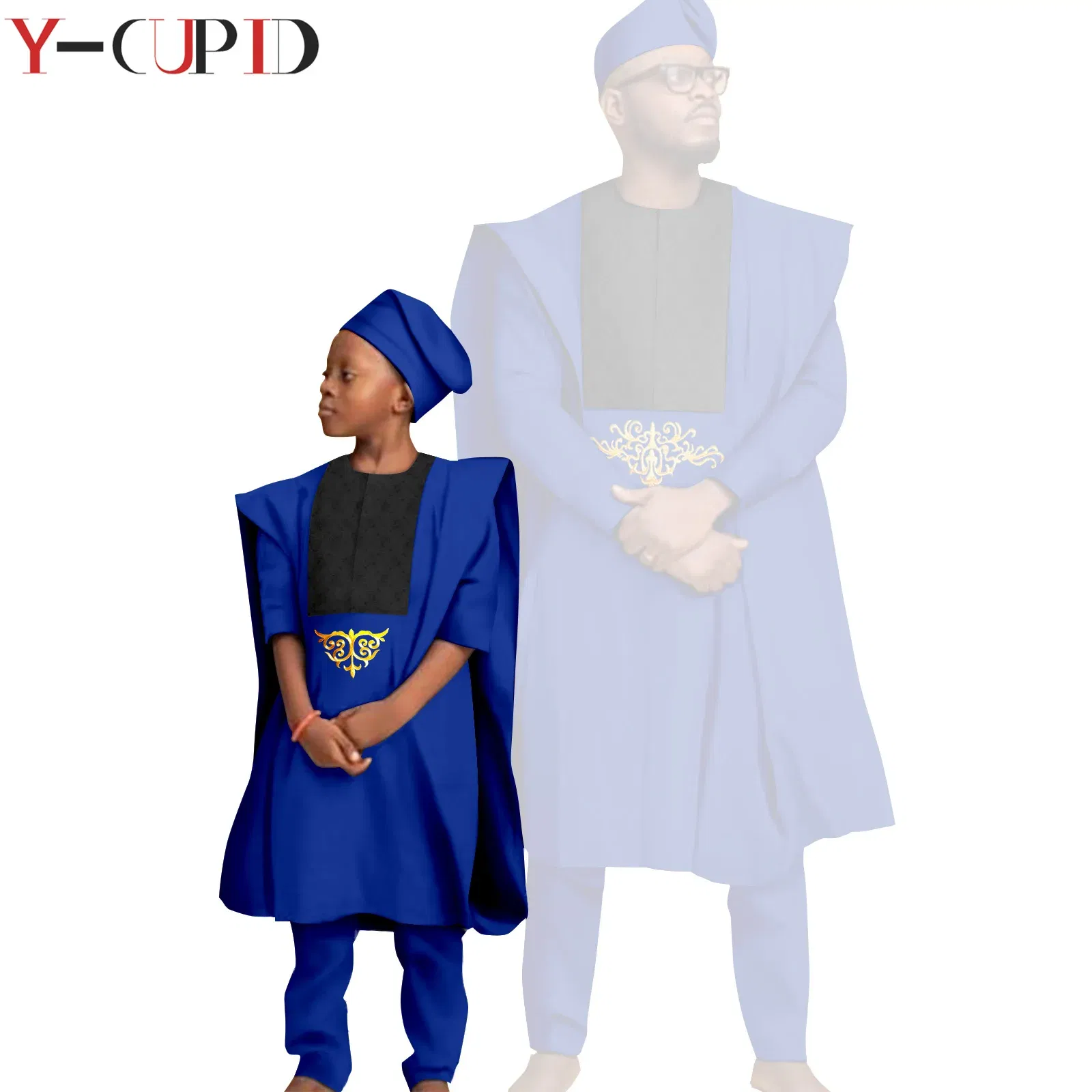 Color: black, Size: XS - African Clothes for Men Top Pants Robes Hat Sets Match Kid Boy Sets Dashiki Father and Son Bazin Riche Family Outfits Y20F001
