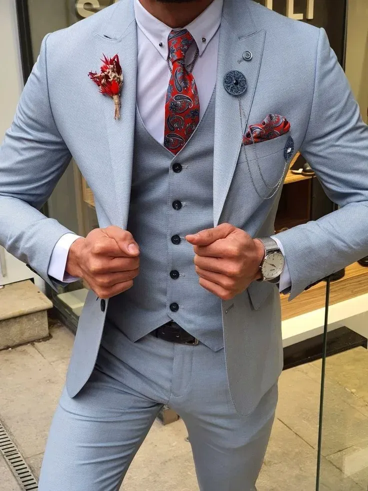 Color: Blue, Size: 4XL, Ships From: CHINA - 3 Pieces New White Men's Suit 2022  Peak Lapel Slim Fit Casual Tuxedos Groom Tailor Made Terno Masculino (Blazer+Pants+Vest)