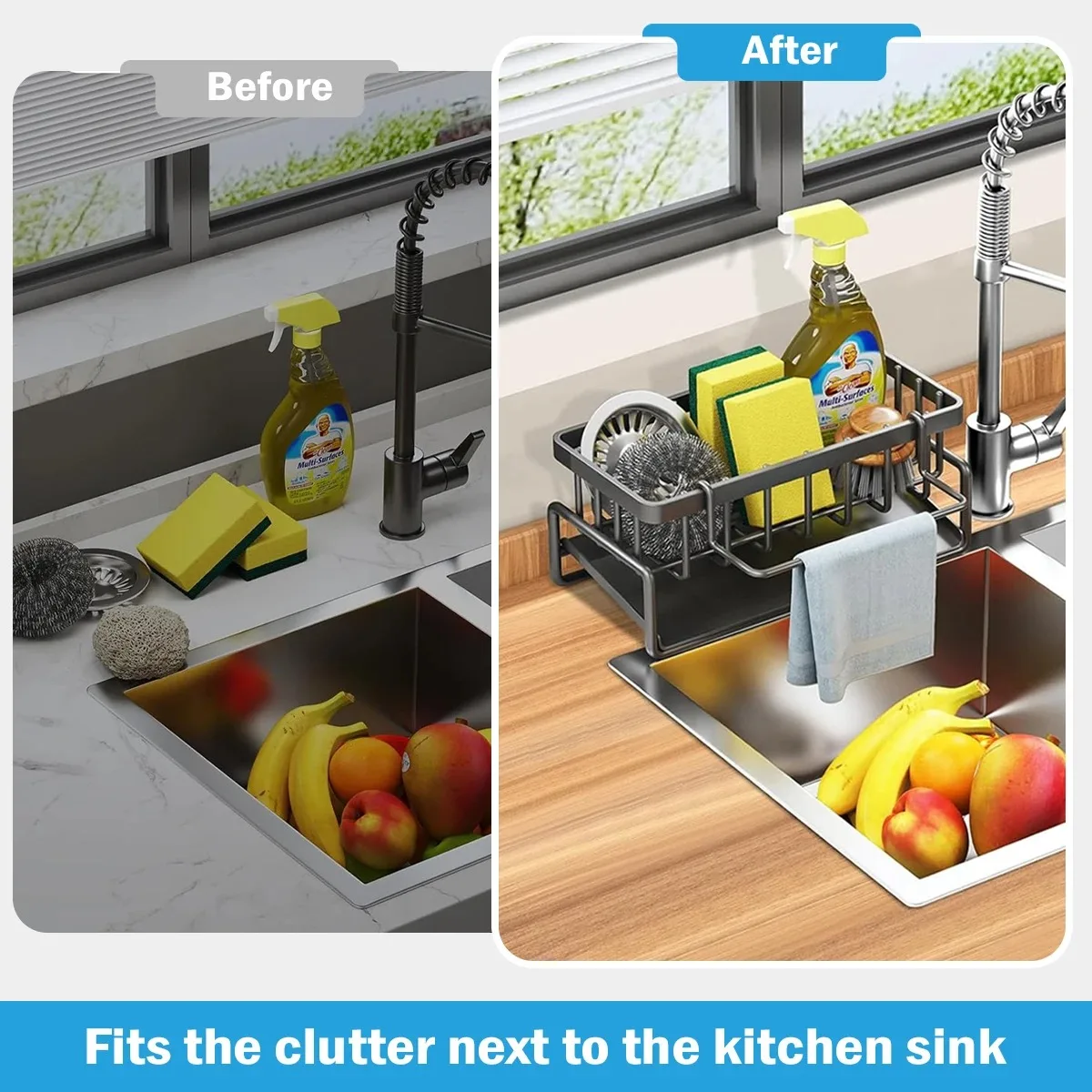 Color: Light Grey - Kitchen Sink Drain Rack Organizer Sponge Storage Faucet Holder Soap Drainer Dishcloth Towel Rack Kitchen Sink Organizer