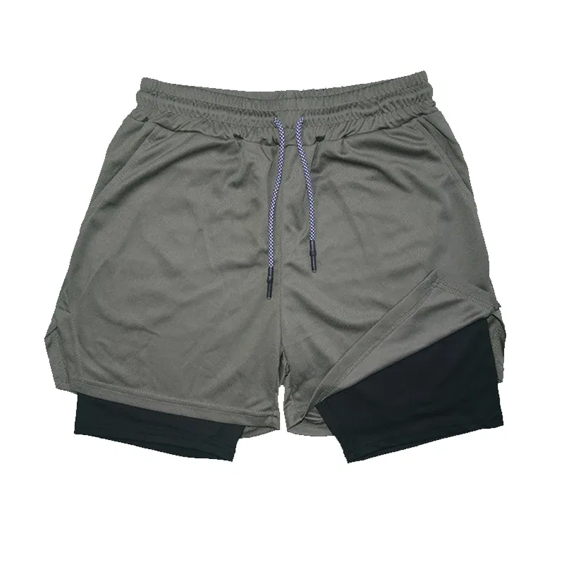 Color: Khaki, Size: M - Men's Double Layer Fitness Shorts Drawstring Mesh Lining Elastic Waist Breathable Quick Dry to Beach Pool Summer Male