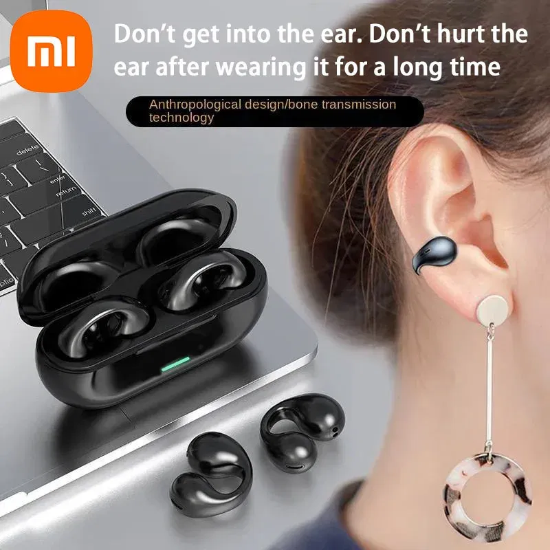 Color: Beige - Xiaomi Ear-Clip Bluetooth-compatible Headphones Bone Conduction Earphone Wireless Earbuds 3D Surround Stereo Bass Sports Headset