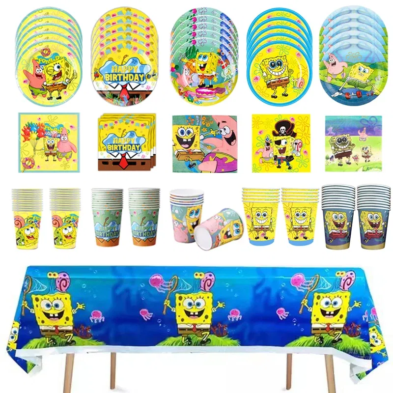 Color: Yellow - SpongeBob Party Decorations Disposable Tableware Cup Baby Shower Birthday Theme Plate Tablecloth Kids Birthday Party