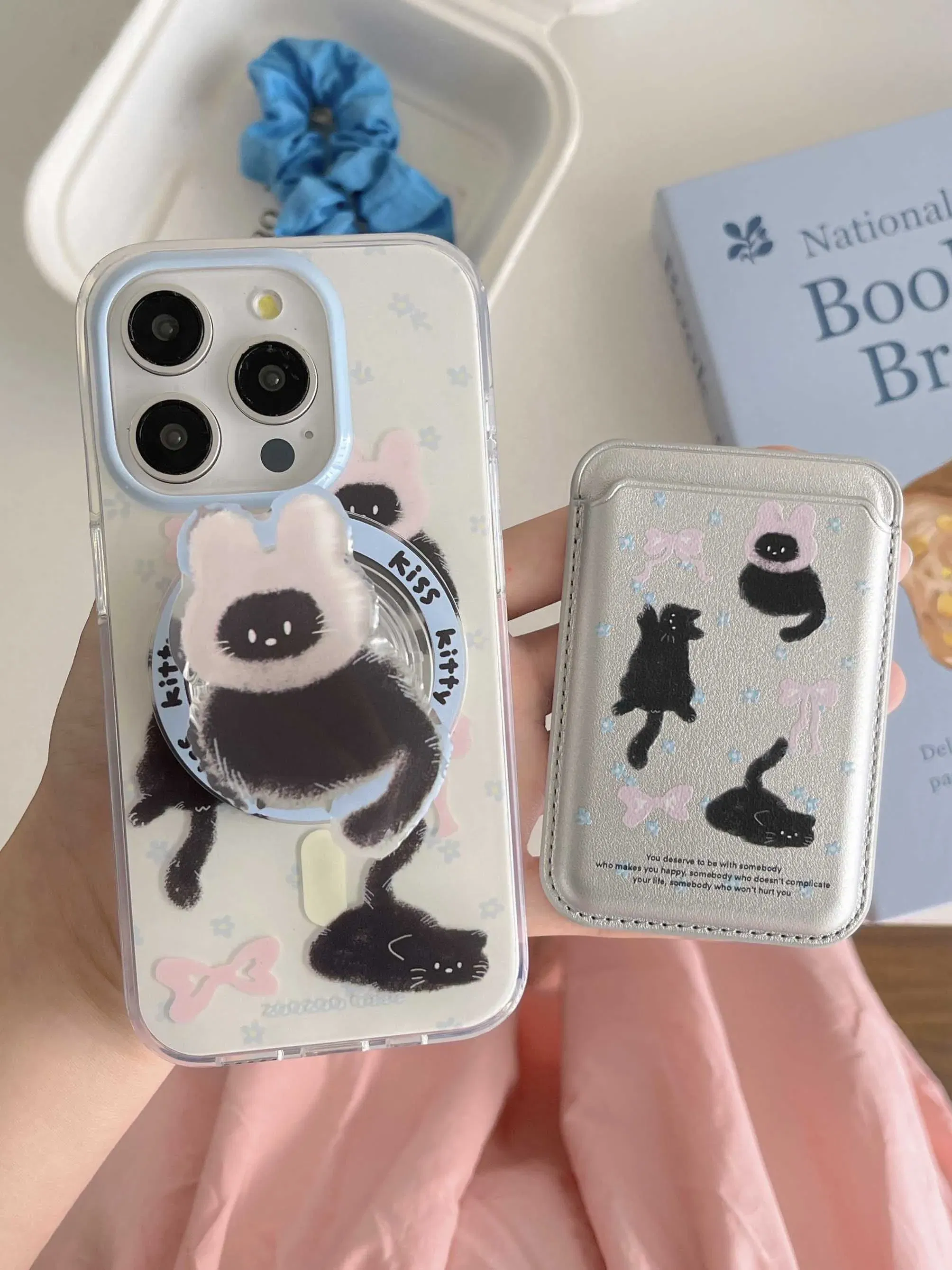 Color: black, Material: POLYESTER - Cute Black Cat, Pink Bow, Blue Flower Magnetic Card Holder Phone Case for IPhone 13 14 15 Pro Max 13Pro 16ProMax 14Pro 15Pro 12