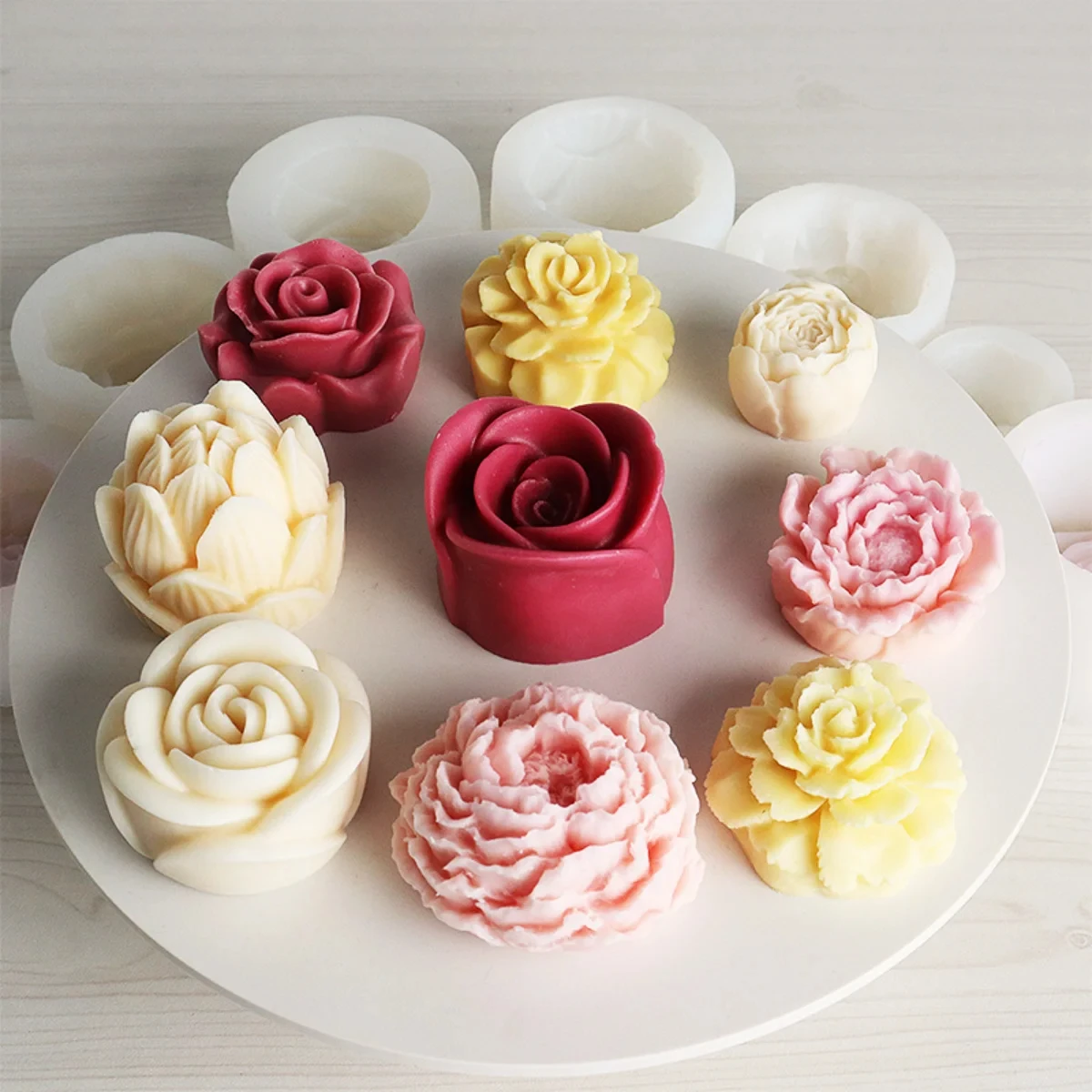 Color: Light Grey - Lotus Flower Silicone Candle Mold Sunflower Peony Multi Style Soap Resin Crystal Mould Heart Rose Chocolate Ice Making Set Gifts