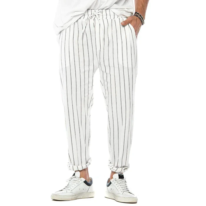 Men's Vertical Striped Cotton And Linen Straight Loose Trendy Casual Trousers