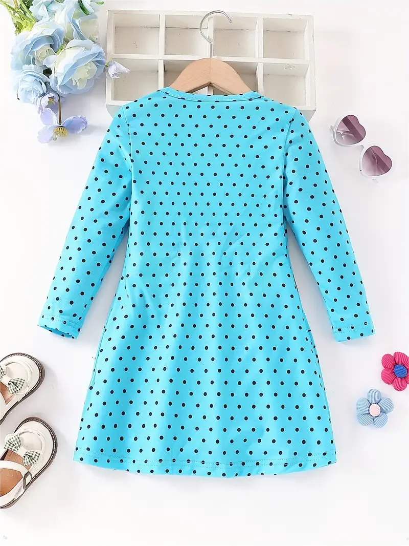 Kid Size: 4 - Dots & Kitty Print Girls Long Sleeve Dress, Spring and Autumn everyday sweet casual dress, parties, gifts