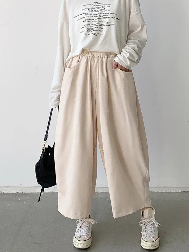 Color: Beige, Size: M - 2023 Autumn Casual Harem Pants Women Cotton High Waisted Trousers Retro Loose Bloomers Women's Oversize Pants Baggy Sweatpants