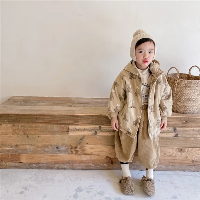 Color: Khaki, Kid Size: 6T - Girls Coat 2025 Autumn and Winter New Children's Clothing Korean Wind Girl Baby Cotton Printed Down Jacket Casual Simple Daily