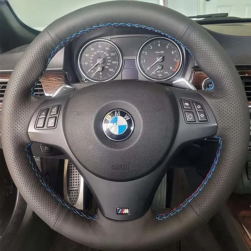 Color Name: SKY BLUE - Full Black Leather Car Steering Wheel Braid Soft Leather Cover For BMW E81 E90 Pack M Sport M3 E91 E92 E93 E87 E82 E88 X1 E84