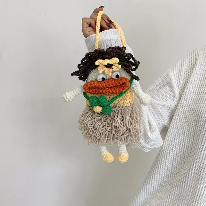 Color: Khaki - New hand-woven cute mobile phone bag fashion wool messenger bag personality crochet key bag wool women's bag